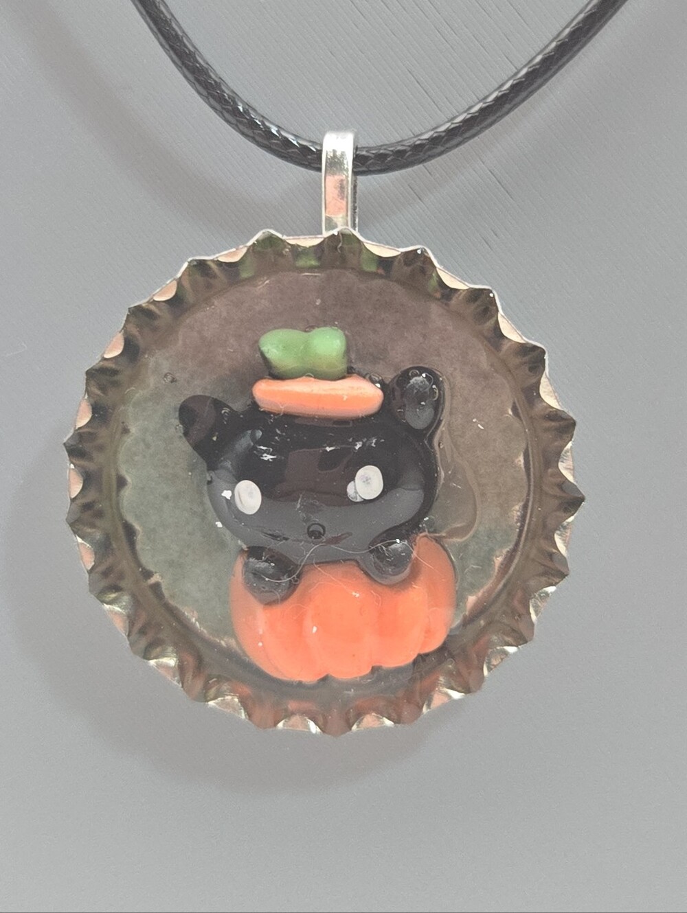 Handmade Black Cat Pumpkin Bottle Cap Necklace